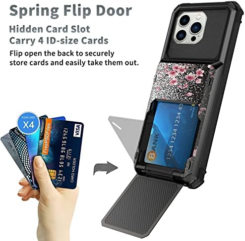 Srojdhfjb negru sclipici Sakura pentru iPhone 14 Pro Max portofel caz cu card titularul ID slot Flip USA dublu strat ascunse