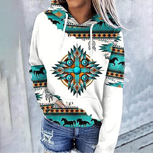 Femei maneca lunga cordon Hoodie Hanorac Vest Tricouri Aztec etnice grafic cu gluga Pulover Topuri Vintage