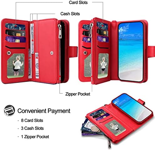 Husă JZASES pentru Galaxy S22 Ultra, Husă portofel detașabilă magnetică 2 în 1, Husă pentru telefon din piele PU cu suport pentru Card pentru Samsung Galaxy S22 Ultra, roșu