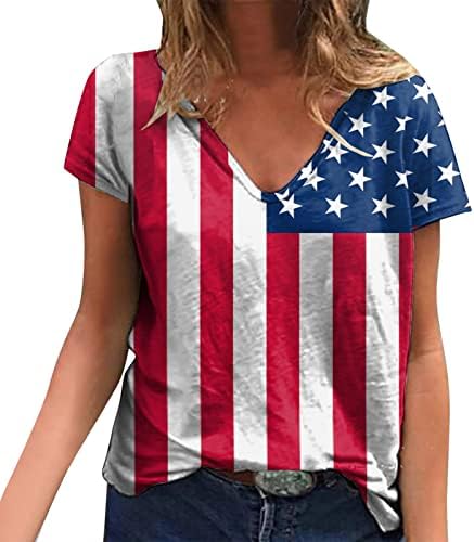 4 iulie Tricouri pentru femei Casual Vara SUA pavilion tricouri maneca scurta V gât dungi Tie-Dye patriotice Bluza Top