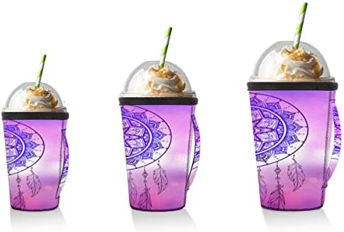 Dream Catcher Purple Reutilizable Mânecă de cafea cu mâner Neopren, mânecă pentru sodă, latte, ceai, băuturi, bere