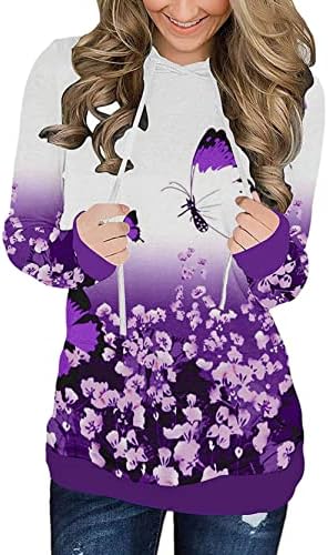 FMCHICO Femei florale Hoodies tricou maneca lunga Cordon Casual Pulover Topuri bluze cu buzunare S-XXL