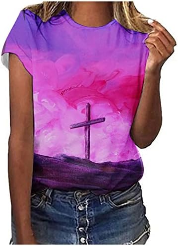 Apus De Soare Cruce Grafic Tee Tricouri Femei Vintage Vara Topuri Tricou Maneca Crewneck Casual T-Shirt Isus Cruce Credință