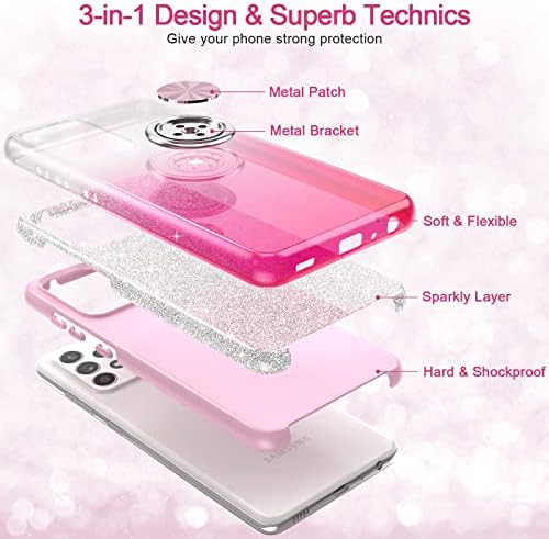 PeeTep Galaxy A52 5g caz pentru fete femei, Slim Fit Glitter Sparkly caz cu 360 inel titular de 360 de ani Suport Magnetic auto Mount șoc-absorbant de protecție capac Durabil pentru Samsung Galaxy A52 6.5, Roz