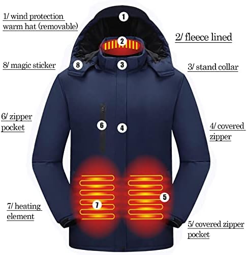 TAMEYA Mens glugă detașabilă jachete încălzite, jachete de iarnă cu fermoar lavabil haina cu 3 niveluri de încălzire, fără