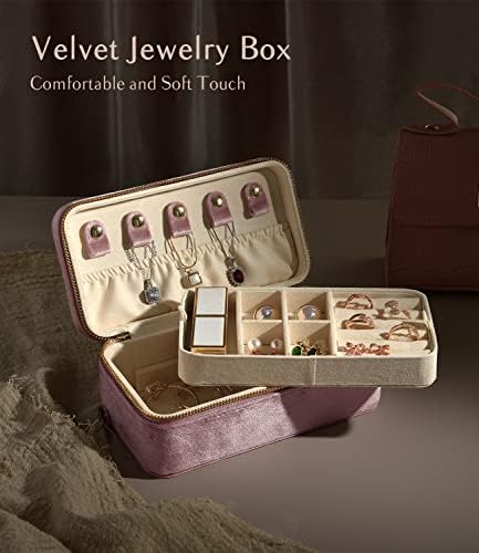 Taimy Small Bijuterii Set pentru femei, organizator de bijuterii de călătorie din catifea, bijuterii de călătorie portabile Cercei ineluri Cercei Colier Brățări Suport pentru depozitare, roz