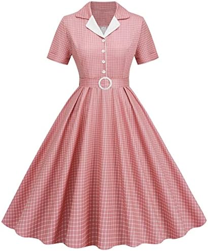 Rochii Casual pentru femei 1950 Vintage V-Neck rever Swing Rochie maneca scurta butonul Elastic Swing seara Midi rochie