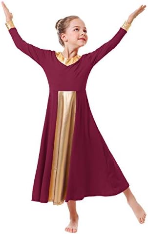 Owlfay Kid Girls Metallic Gold V-Neck cu mânecă lungă Rochii de dans liber potrivite fustă de cult lirică liturgică liturgică