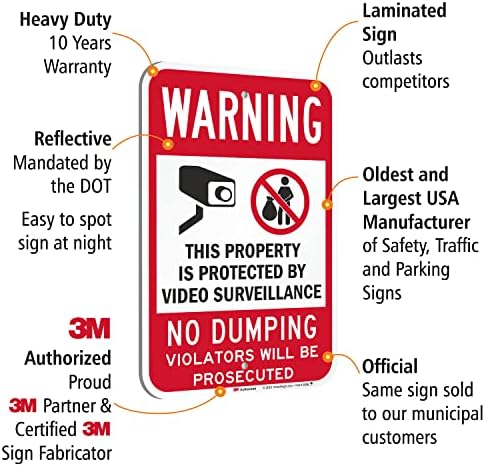 Smartsign 18 x 12 inch „Avertisment - Fără dumping, proprietate protejată de supraveghere video” Semn metal
