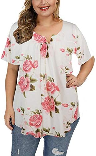 Topuri de vară pentru femei, femei cu mâneci scurte de mărime plus Henley o gât Bluză cu imprimeu Floral Topuri cămașă tricou pentru jambiere, XL-5XL