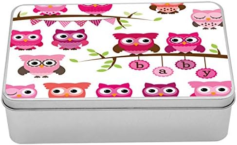 Cutie de metal de desene animate din Ambesonne, bufnițe tematice pentru fete și ramuri personaje de animale, container cu cutie de staniu dreptunghiulară cu capac, 7,2 x 4,7 x 2,2 , roz maro violet